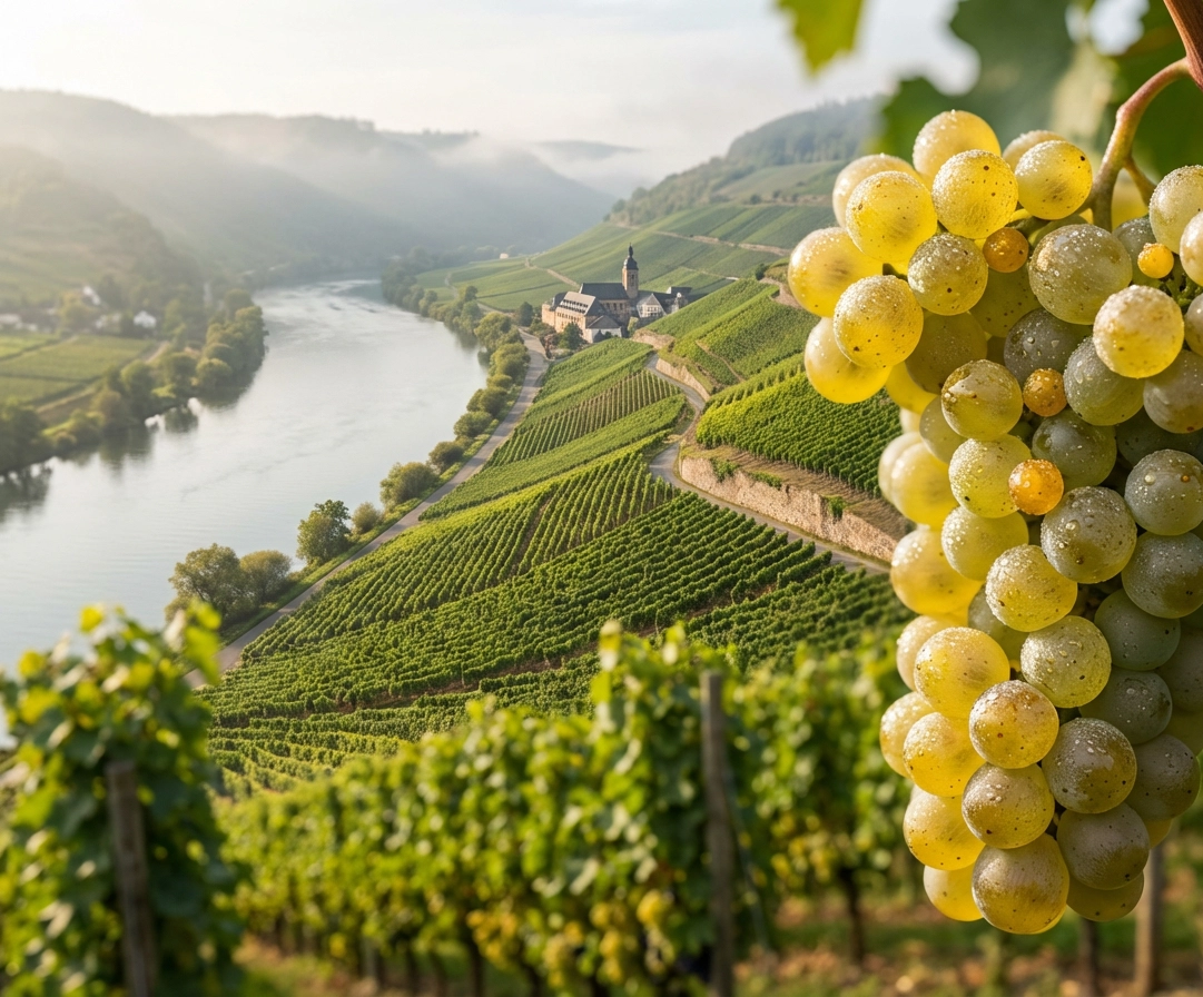 Sonniger Mosel-Weinberg mit Nahaufnahme reifer weißer Trauben, Blick auf Fluss, Terrassenlagen und historisches Weingut inmitten grüner Rebhänge – Symbol für deutschen Qualitätsweißwein.